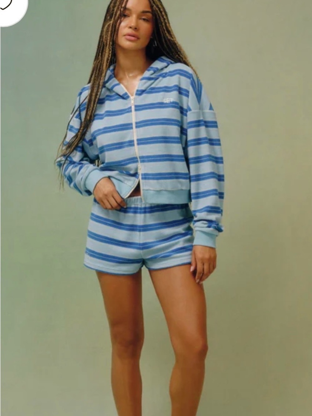 SET Active Light Blue & Royal Blue Striped Hoodie Pajama Short Set